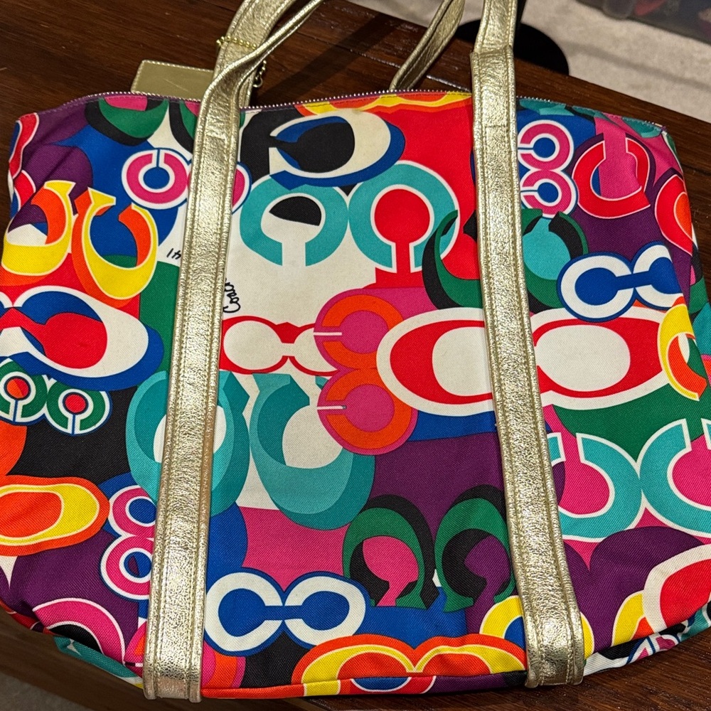 Coach Certified Authentic Multicolor Signature Tote with Gold Leather Straps - Picture 13 of 14